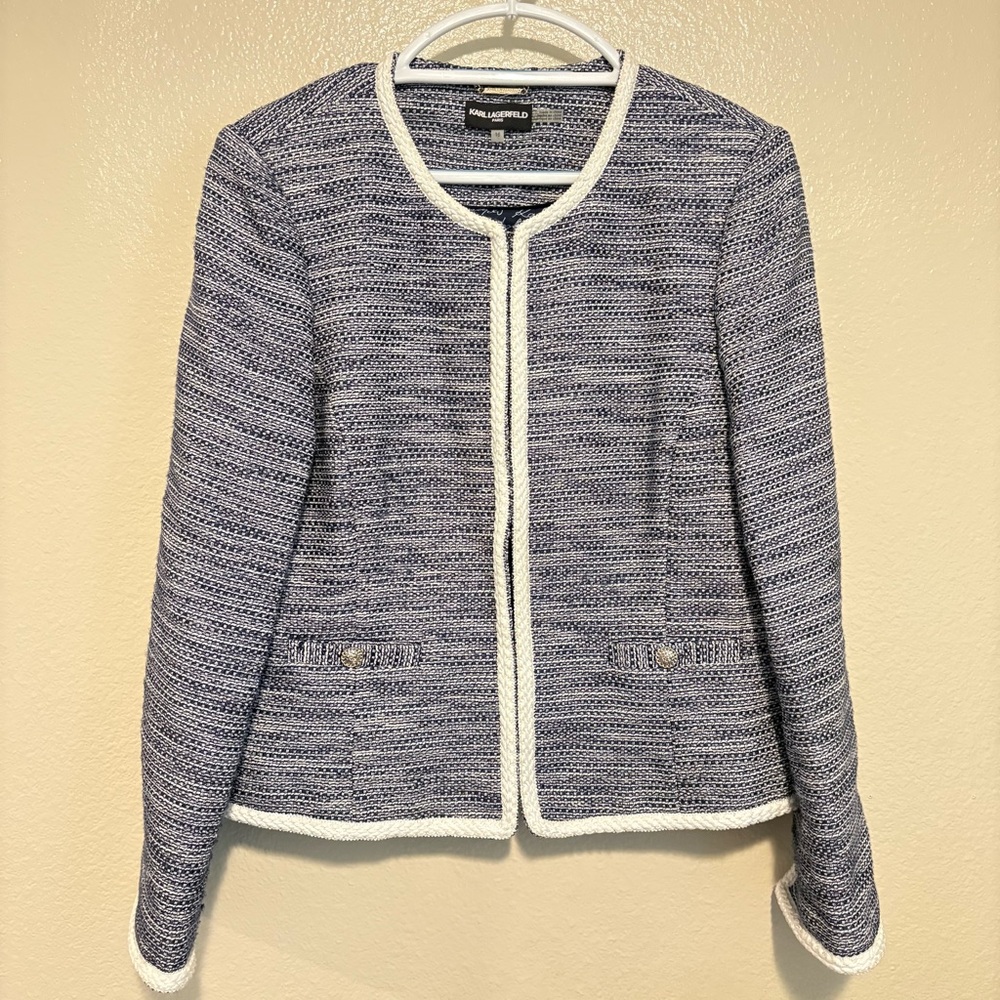 Karl Lagerfeld Paris Blue White Tweed Jacket With White Braided Trim Size 16